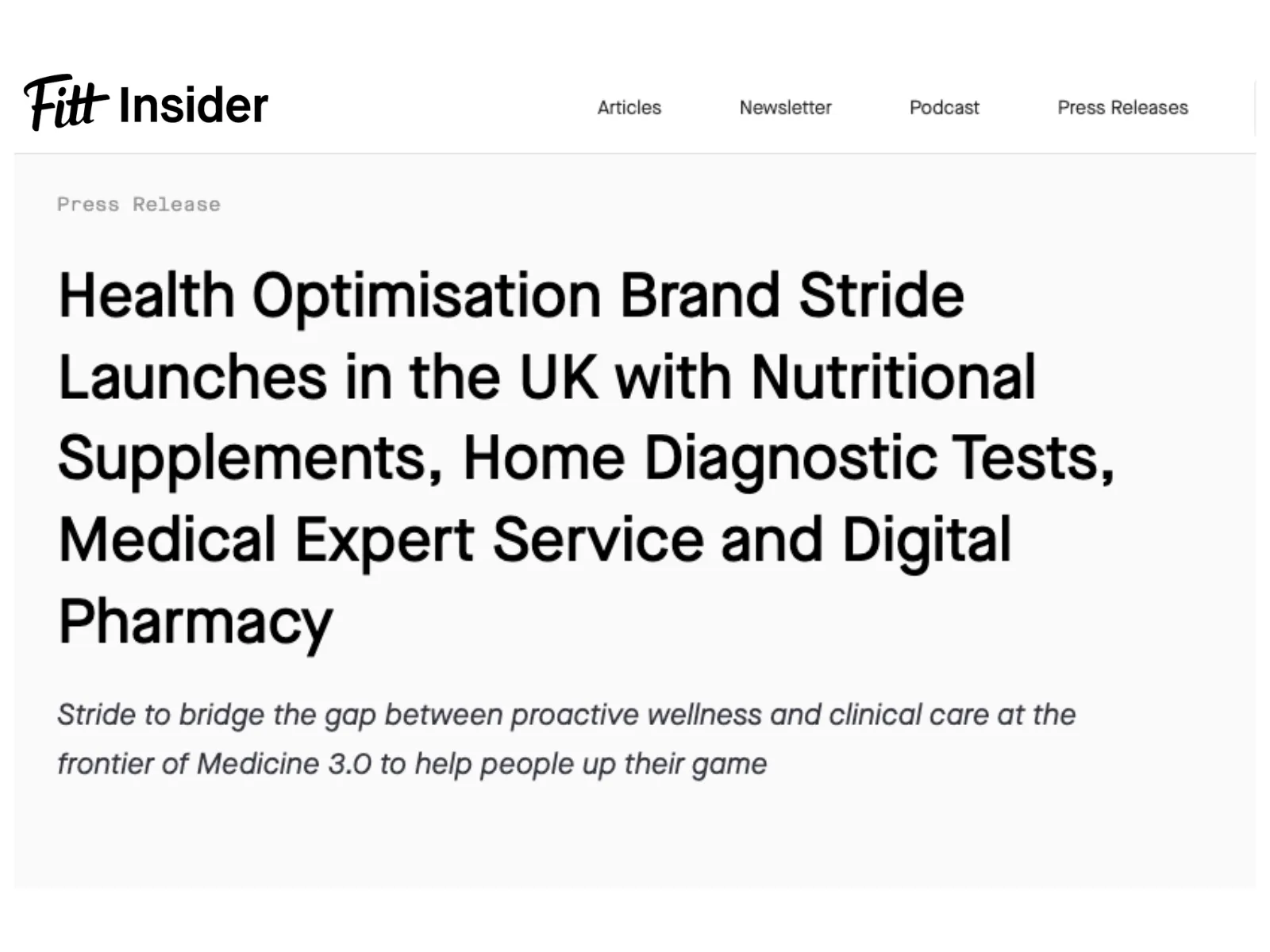 Fitt Insider: Health Optimisation Brand Stride Launches in the UK with Nutritional Supplements, Home Diagnostic Tests, Medical Expert Service and Digital Pharmacy